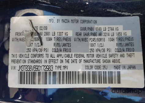 2009 Mazda Cx-9 Sport из США, поврежденный, VIN JM3TB38V690172983